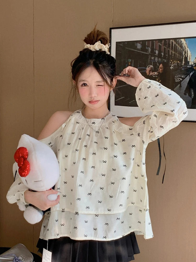 Hnewly Sweet Off Shoulder Shirt Women Long Sleeve Bow Print Loose Blouse Korean Fashion Hollow Out Elegant Female Chic Spring Tops