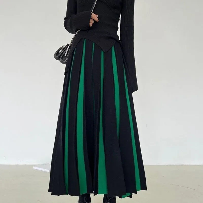 Hnewly  Fashion Black White Patchwork Skirts Woman Korean Elastic Waist Knitted Pleated A Line Skirt Lady Loose High Waist Maxi Skirts