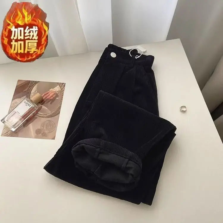 Hnewly Retro High Waist Corduroy Pants Women Spring Fall Straight Causal Full Length Trousers Korean Fashion Baggy All Match Black Pant