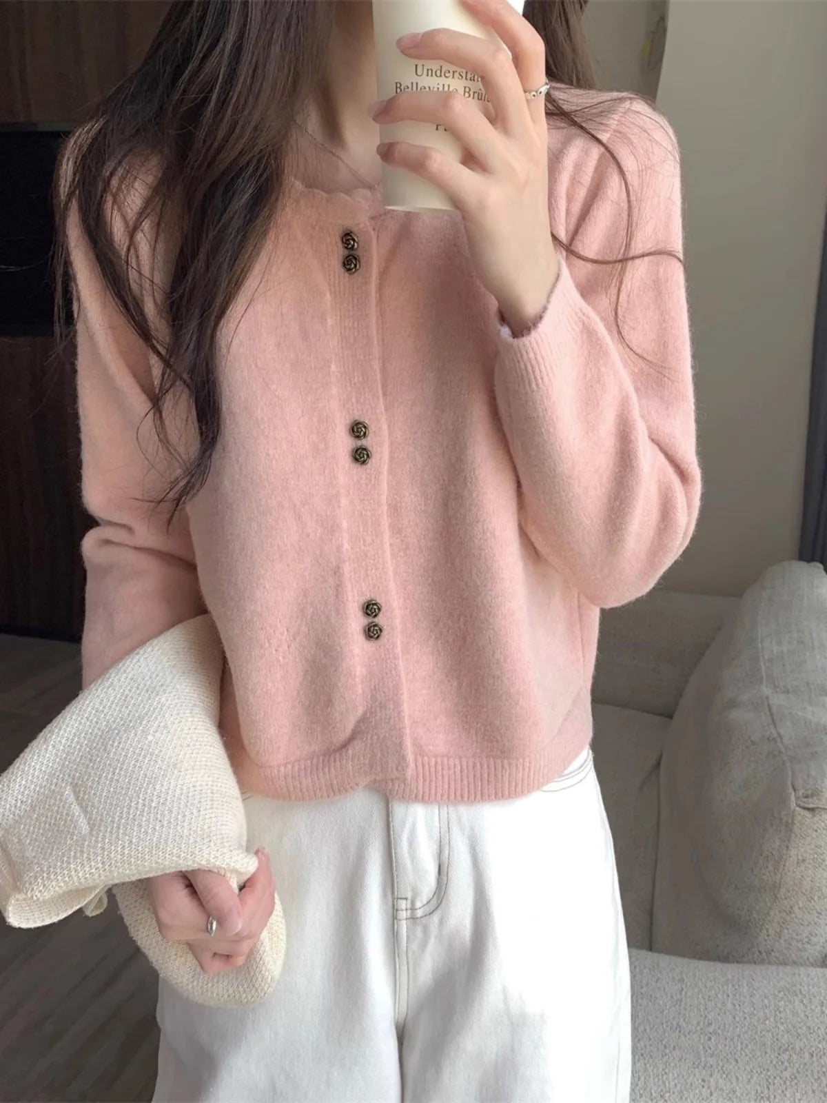 Hnewly  Sweet Short Hollowed Out Sweater Chic Buttons Long Sleeved Knitted  Cardigan Jacket Korean series Round Neck Loose Top