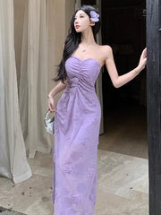 Hnewly  Woman Dress Sweet Sexy Strapless Flowers Slim Backless Vintage Elegant Summer Fashion Party Female Dresses Casual