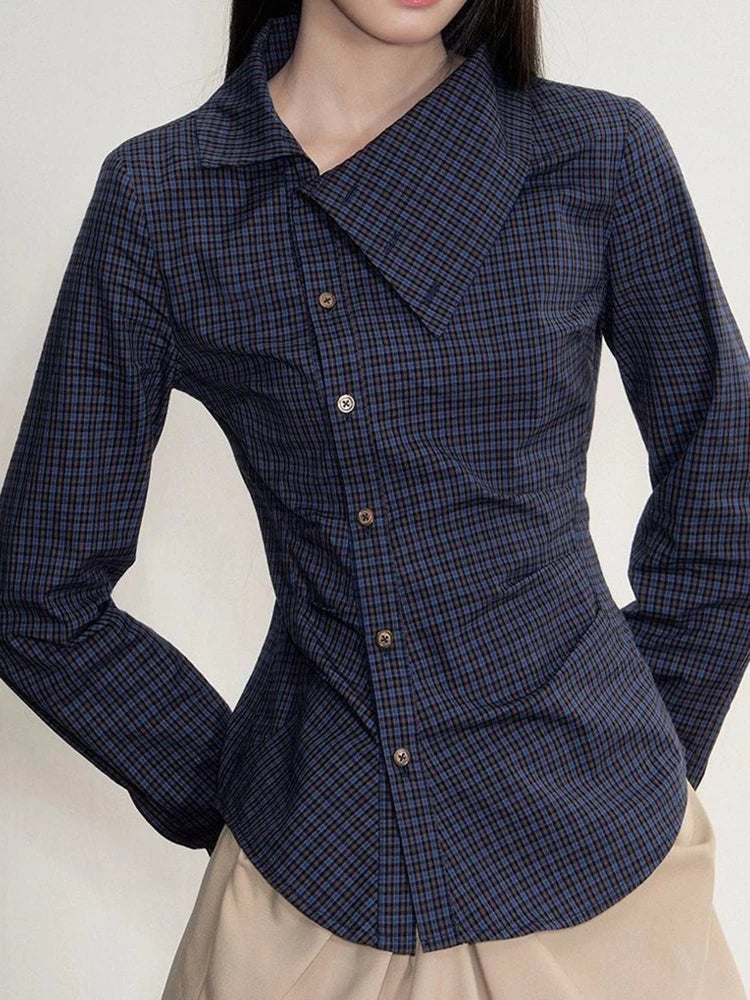 Hnewly  Vintage Slim Plaid Shirt Women Elegant Fall Long Sleeve Design Blouse Casual Preppy Style Female Retro Korean Sweet Tops