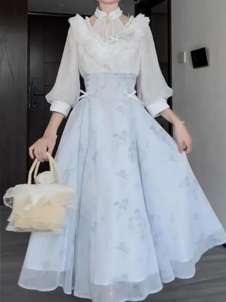 Hnewly  Elegant Summer Floral Lace Party Dress Women Casual Vintage Midi Dress French Lolita Korean Fashion Chic One Piece Dress