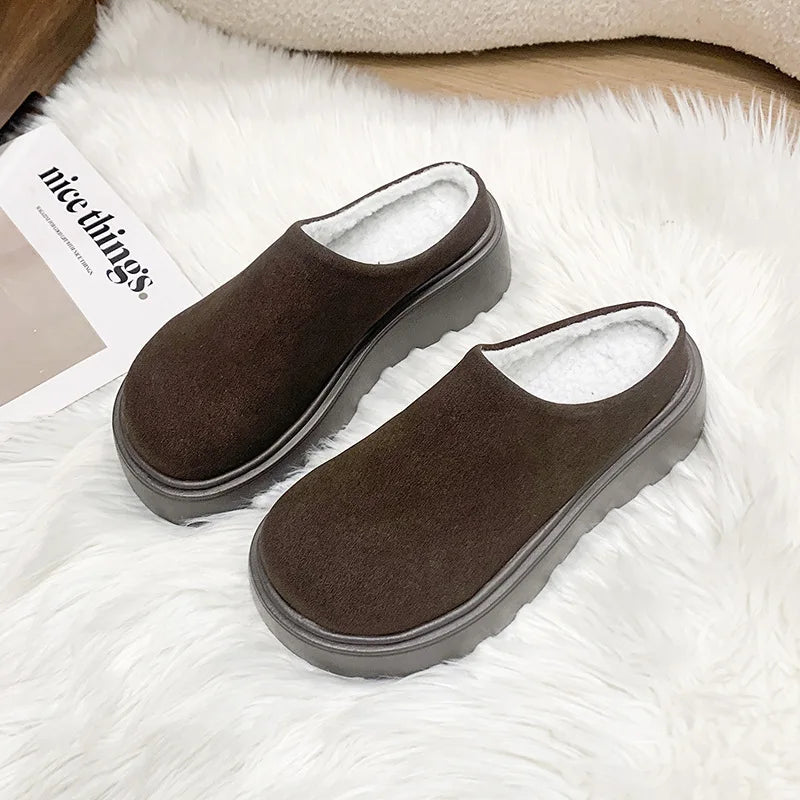 Hnewly  French Platform Half Slippers for Women Autumn Winter New Designer Home Shoes Ladies Fashion Casual Cotton Slipper Shoes Woman