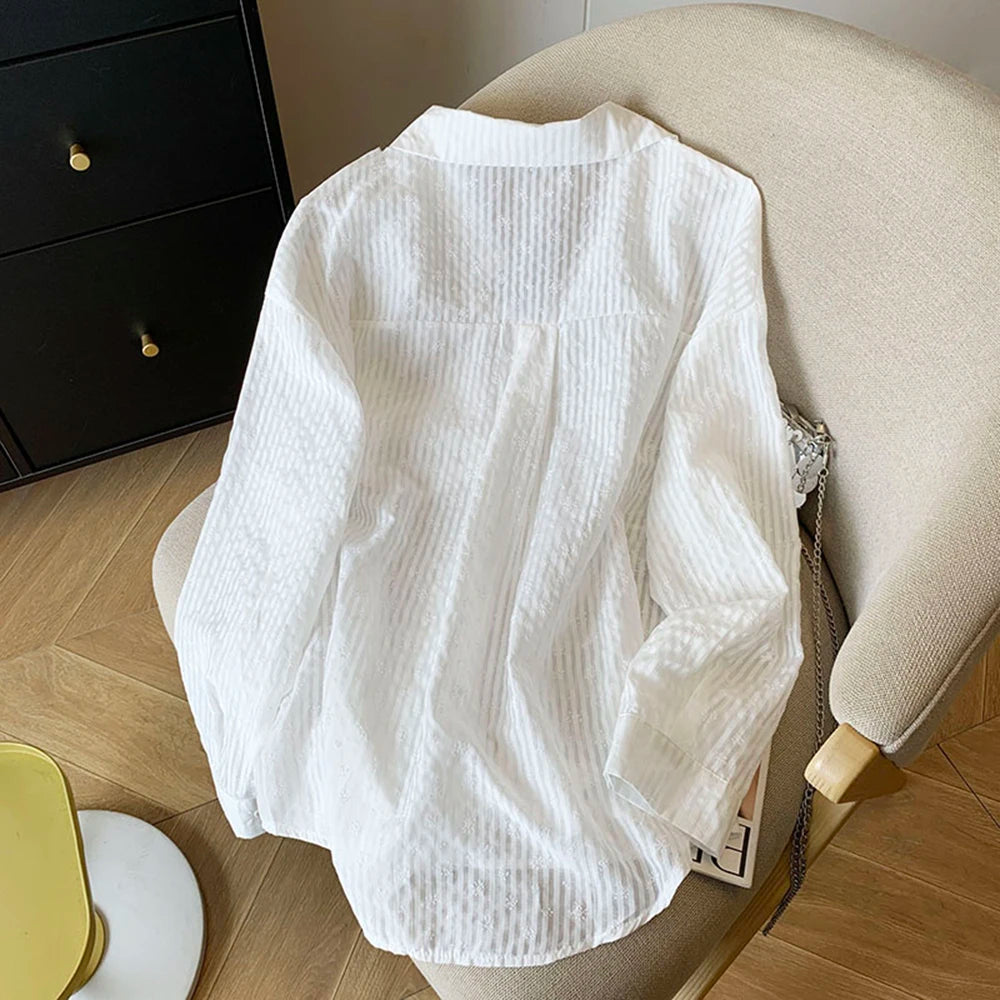 Hnewly  Pink Striped Sun Protection Shirt Women's Summer Thin Single-breasted Outwear Loose Fit Lazy Style Casual Open Front Female Tops