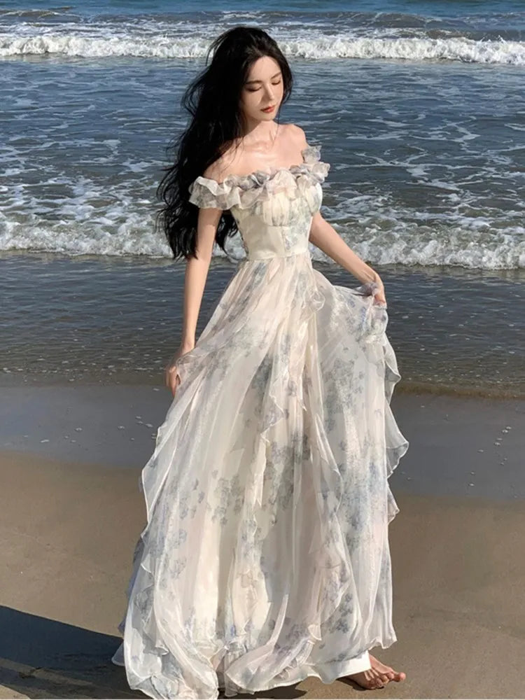 Hnewly Fashion Bohemian Print Long Dresses France Elegant Ruffles Strap Beach Holiday Vestidos Summer Korean A-line Robe Women