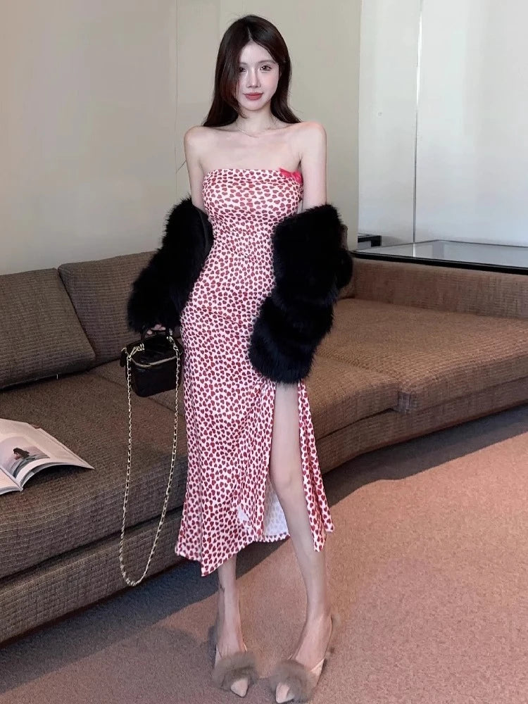 Hnewly  Woman Dress Strapless Sexy Sweet Bow Heart Printed Elegant Split Backless Temperament Party Dresses Female Fashion