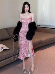 Hnewly  Woman Dress Strapless Sexy Sweet Bow Heart Printed Elegant Split Backless Temperament Party Dresses Female Fashion