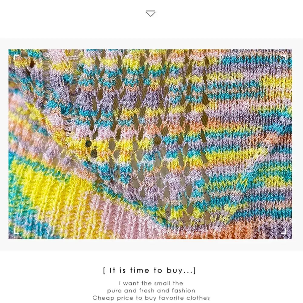Hnewly  Retro Colored Striped Camisole Vest Women's 2025 New Summer New Sleeveless O-neck Knitted Shirt Elegant Hollow Out Short Top