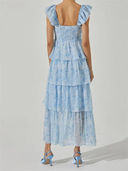 Hnewly  Women's Floral Dress Stylish Multi-Layered Ruffles Split Cap Sleeve Long A-Line Dress Summer