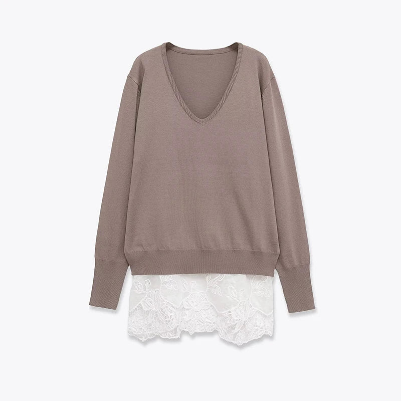 Hnewly  Casual Knitted Lace Patchwork Sweater Women Loose V-neck Full Sleeve Female Pullover Spring Lady Cozy All-match Knitwear