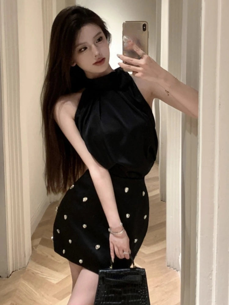 Hnewly Summer Women 2 Piece Skirt Sets Sexy Summer Strapless Bandage Sleeveless Blouses Office Lady Mini Skirts Korean Chic Y2k Suit