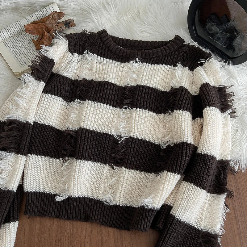 Hnewly  Loose Stripe Hole Knitted Sweater Women's 2025 Autumn Winter New Retro Japanese Short Pullover Tassel Versatile Tops