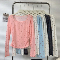 Hnewly Pink Bow Printed Long Sleeved T-shirt Women's Spring  Summer Sun Protection Top Korean Version Round Neck Slim Fit Versatile Tee