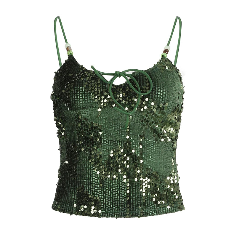 Hnewly Summer Party Sequin Camis y2k Retro Green Sleeveless Lace-up Skinny Crop Top for Women Vintage 2000s Strap Tees Aesthetic