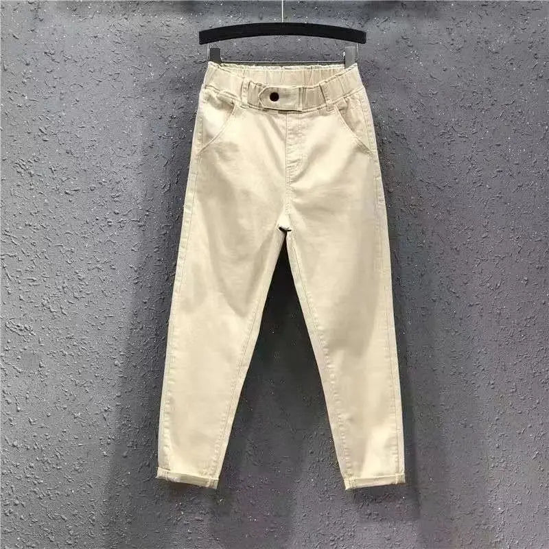 Hnewly Solid Casual Jeans For Summer/Autumn 2025 New Loose Versatile Harlan Pants Fashion Elastic Waist Buttons  Ankle-Length Pants