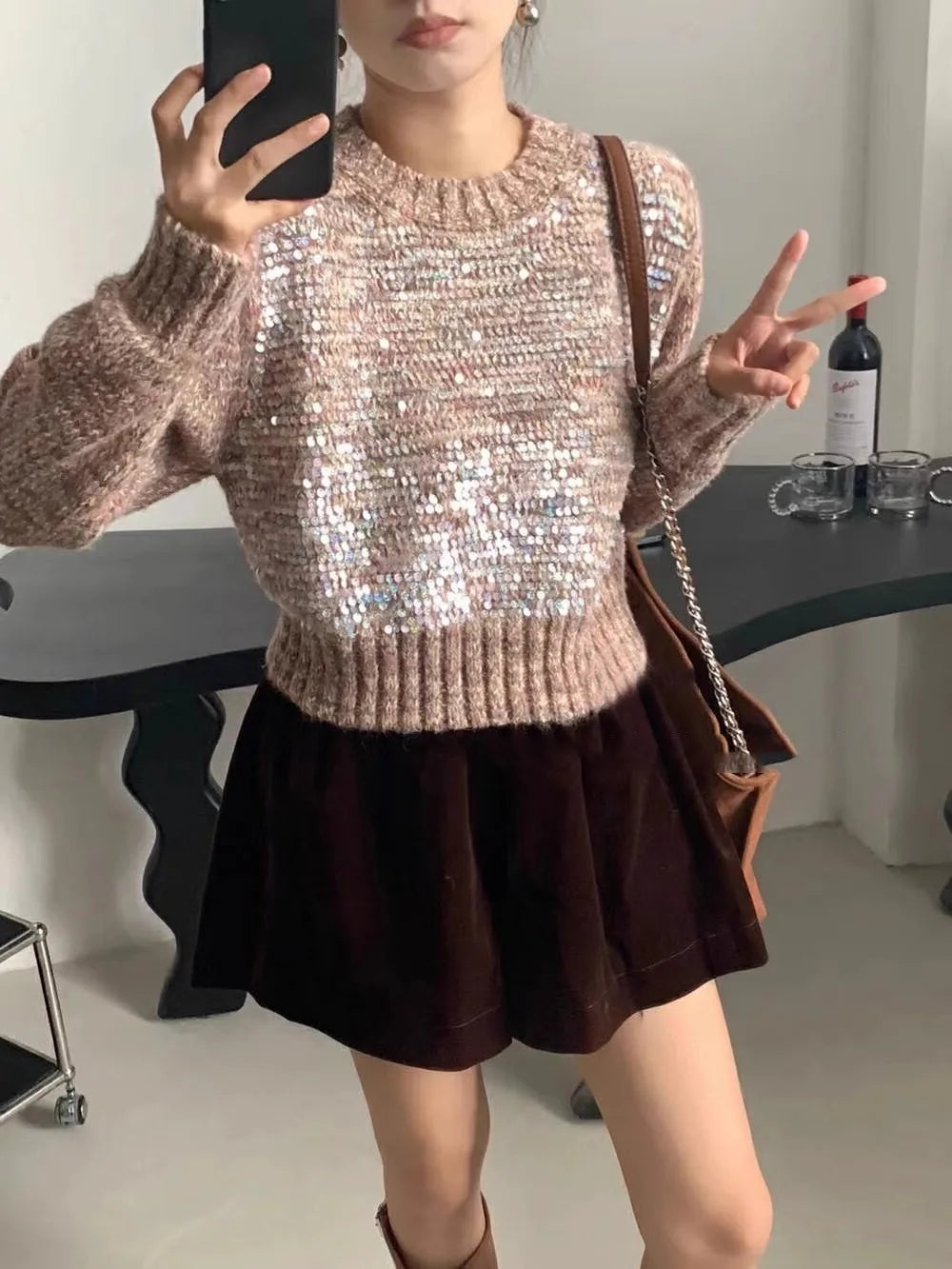 Hnewly  Fashion Sequin Short Sweater for Women's Spring Autumn New Soft Knitted Top Pullover Casual Round Neck Loose All-matched Top
