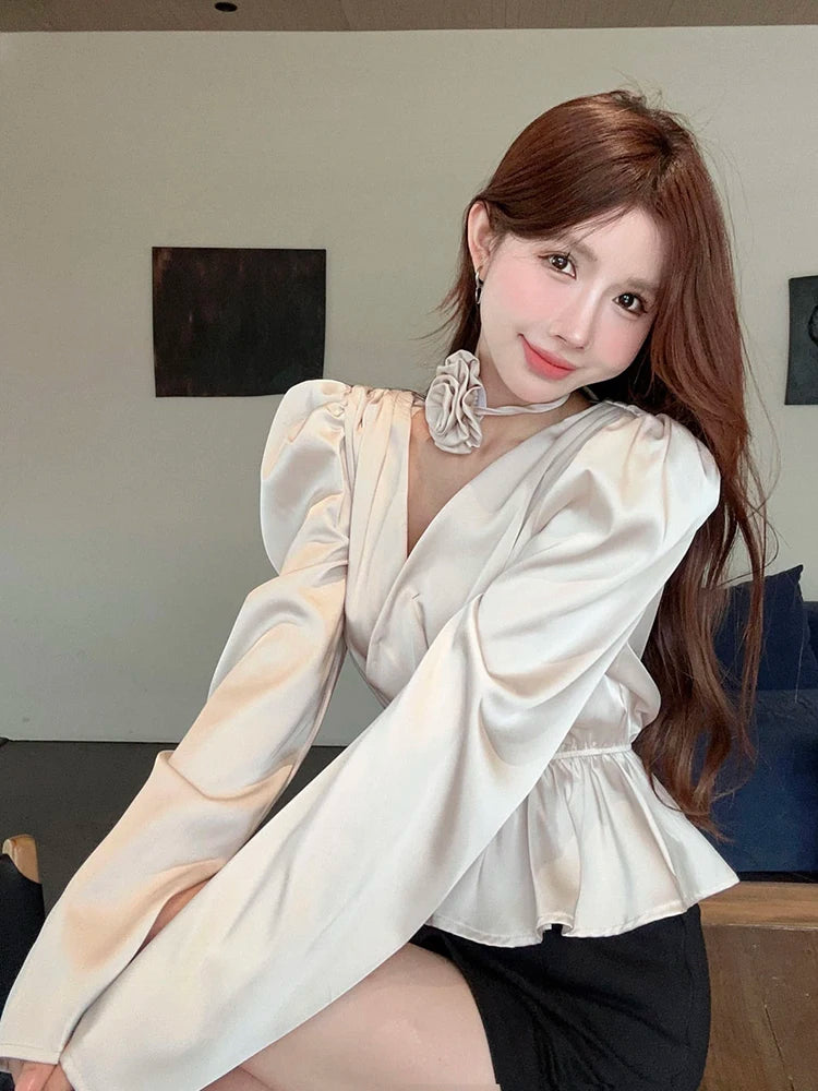 Hnewly 3D Floral Satin Shirt Women Long Sleeve Elegant Vintage Blouse Korean Casual Sexy V Neck Slim Female Champagne Tops Spring