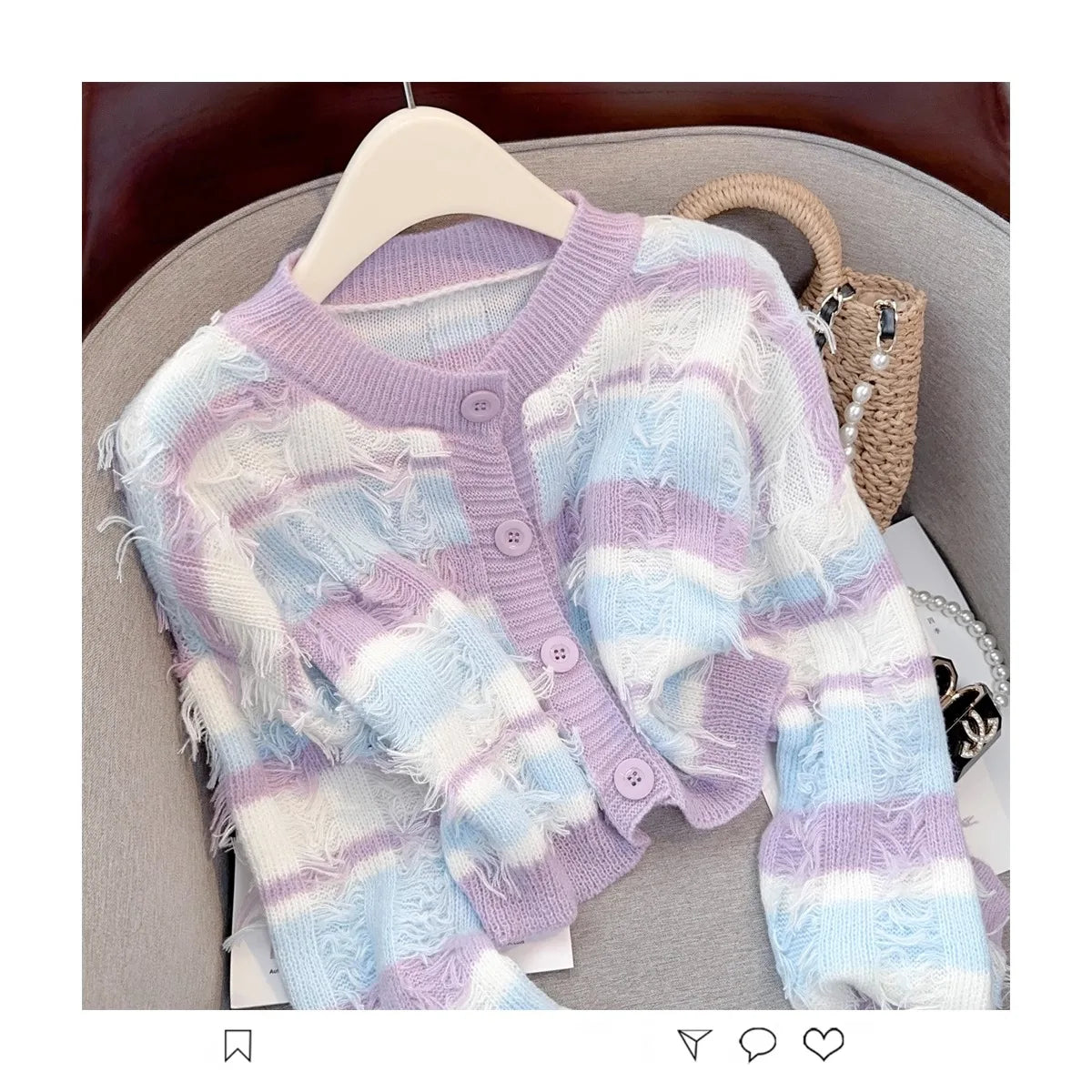 Hnewly Striped Fashion Tassel Sweater Women's Autumn Single Breasted  O-Neck New Short Knitted Cardigan Long Sleeve Top