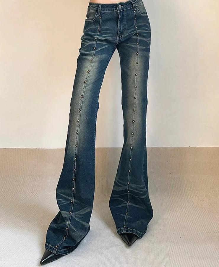 Hnewly Vintage Low Waist Flare Jeans Women Y2K Chic Rivet Slim Pencil Jean Pants Streetwear Fashion Retro Denim Trouser Korean