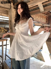 Hnewly summer inspo Japanese Cute Bandage Ruffles Dress Women Y2k Aesthetic Sweet Fairy Dresses Summer Sleeveless Elegant Grunge Vestido De Mujer