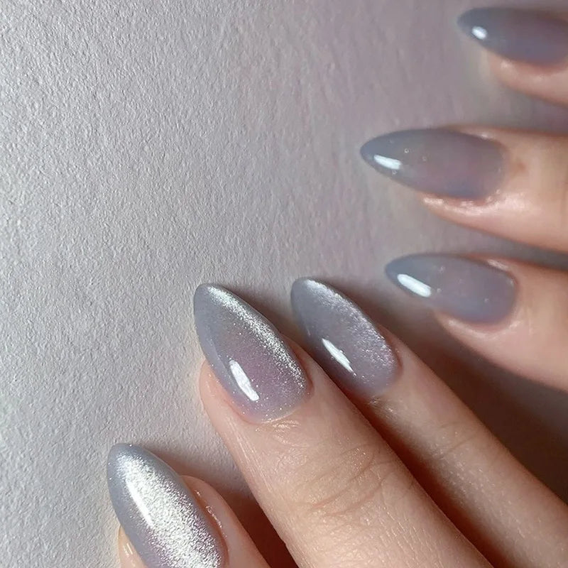 Hnewly 24Pcs Solid Color Grey Almond Fake Nail Cat's Eye Design Wearable Round Head False Nails with Shiny Powder Press on Nails