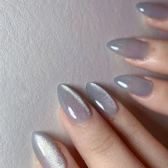 Hnewly 24Pcs Solid Color Grey Almond Fake Nail Cat's Eye Design Wearable Round Head False Nails with Shiny Powder Press on Nails