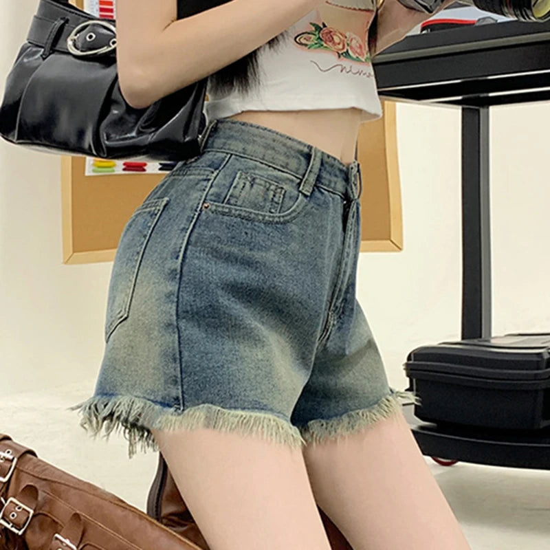 Hnewly y2k Denim Shorts Women Summer High Waist Wide Leg Loose Fit Tassel Jean Shorts with Pockets 2000s Hot Pants Streetwear