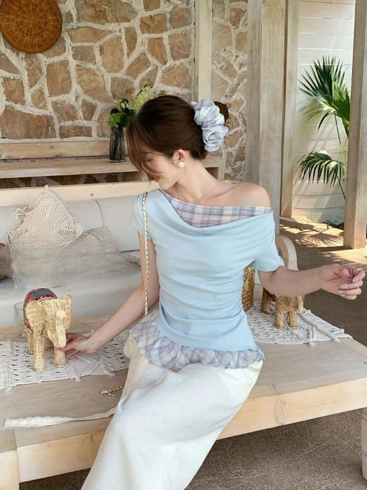 Hnewly  T Shirts Women Plaid Patchwork Swinging Collar Off Shoulder Ruffles Short Sleeve Summer Fashion Sweet Tops Casual Tshirt