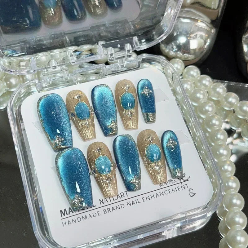 Hnewly 10Pcs Handmade Press on Nails Long Ballet Blue Fake Nails with 3D Ocean Moon Rhinestone Design False Nails Full Cover Nail Tips