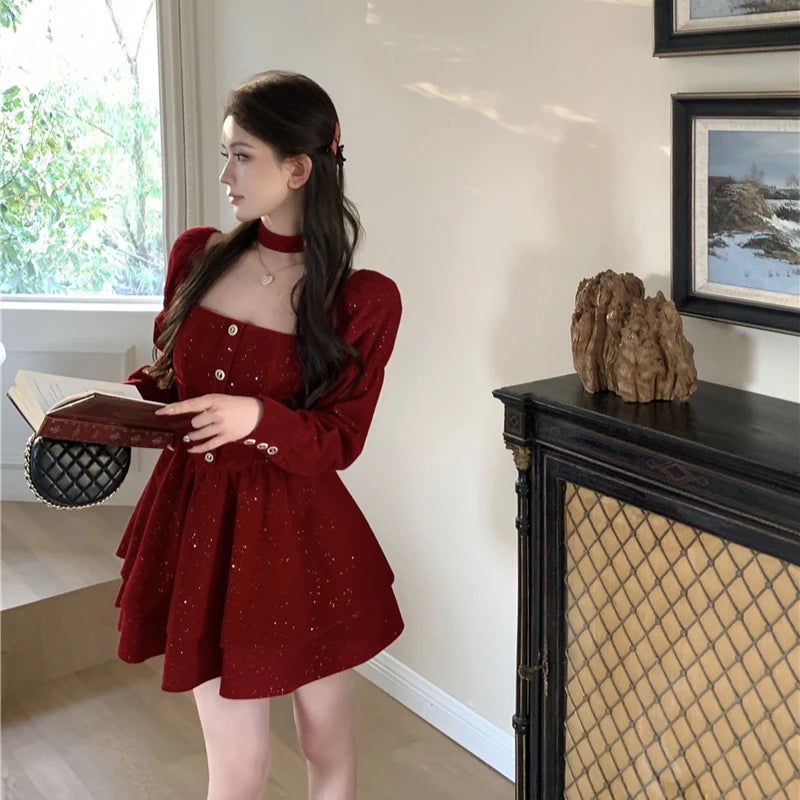 Hnewly NEW YEAR DRESS TO IMPRESS Long Sleeve Velvet Dress Women Princess Square Collar Autumn Buttons Ruffles Bling Design Fashion Temper Elegant Seductive New