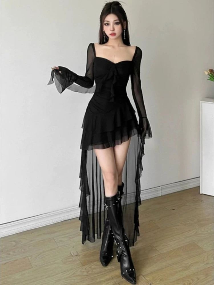 Hnewly  oversize long sleeve mesh patchwork dresses irregular slim waist black dress for women 2025 summer new vestidos de mujer