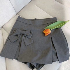 Hnewly  Chic Bow Knot Pleated Skirt Women Korean Asymmetrical Split High Waist Skirts Ladies Preppy Style Basic Solid A-Line Skirt Mujer