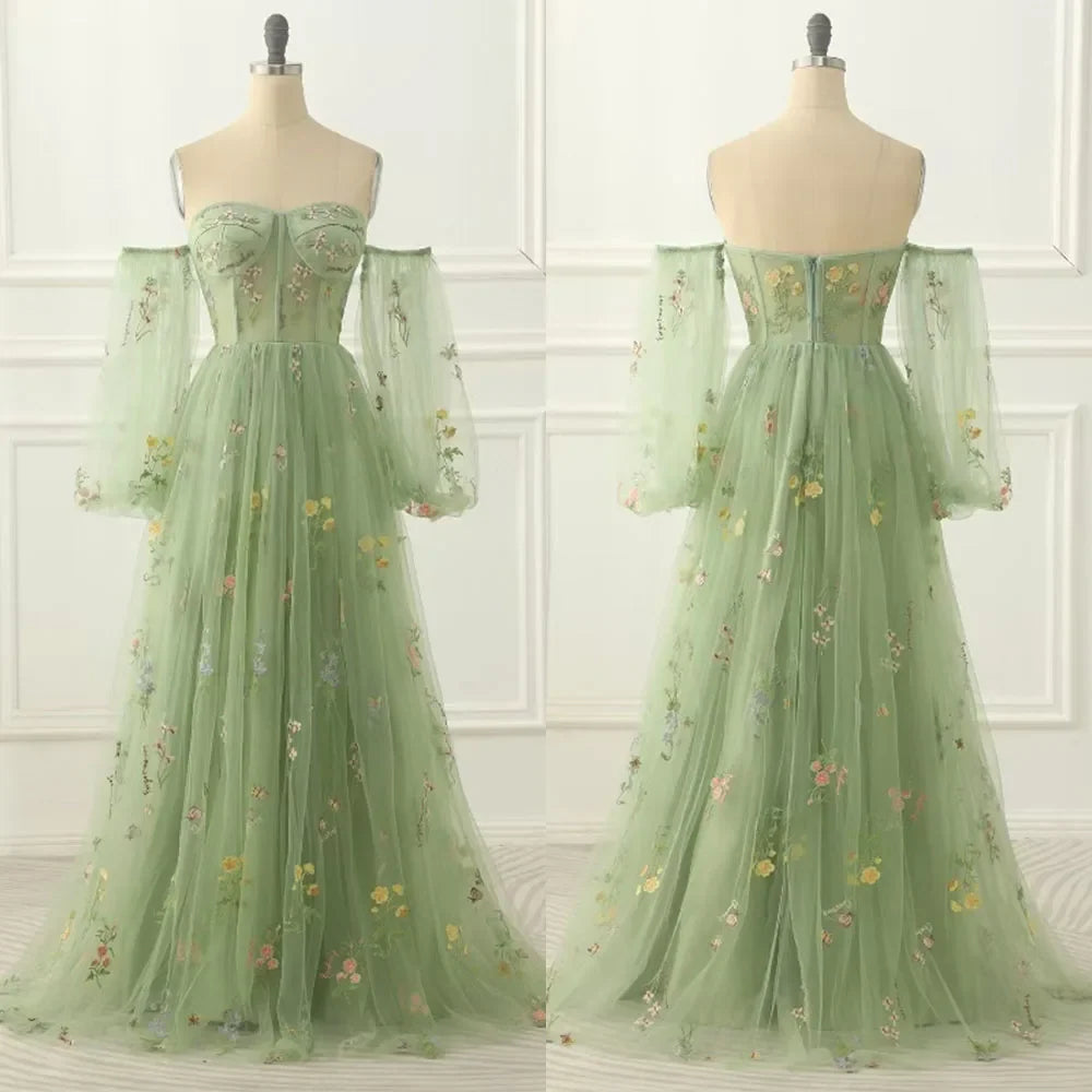 Lunivop  High Quality Sweetheart Floor Length Tulle Appliques Three Quarter Backless Zipper Up Green Robe Pour Mariage