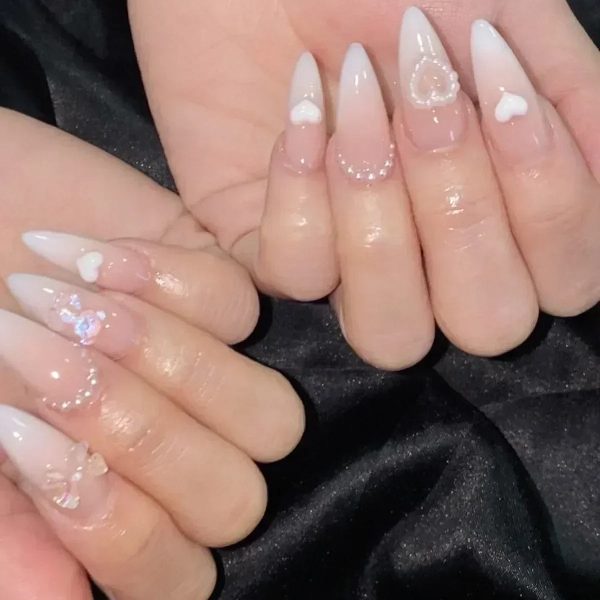 Hnewly 24Pcs Pink Almond French Press on Nails With 3D Bow ripple charms Design Fake Nails Ballerina False Nails Full Cover Nail Tips