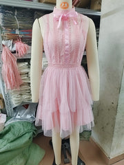 Hnewly  Intellectual Style Mini Dresses for Women Summer Slim Fit Round Neck Lace Patchwork Mesh Sleeveless Dress with Inner Lining