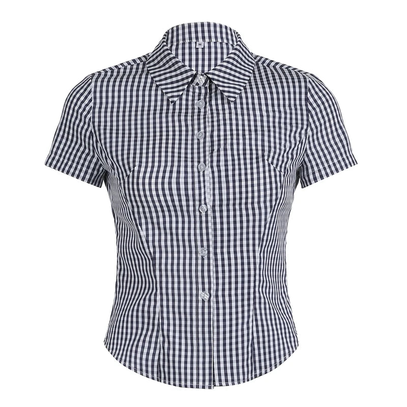 Hnewly y2k Plaid Print Women Blouse Vintage 2000s Short Sleeve Button Up Cropped Top Casual Streetwear Summer T-shirts Aesthetic
