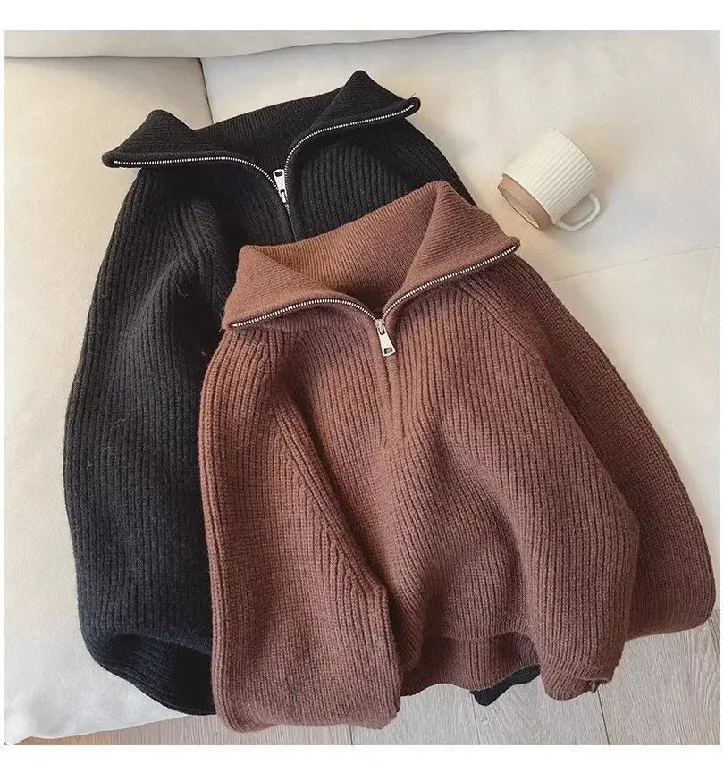 Hnewly  Half Zip Collar Sweater Women Pullovers Soft Knitted Long Sleeve Short Jumper Fall Winter Teen-girl Korean Fashion Outfit