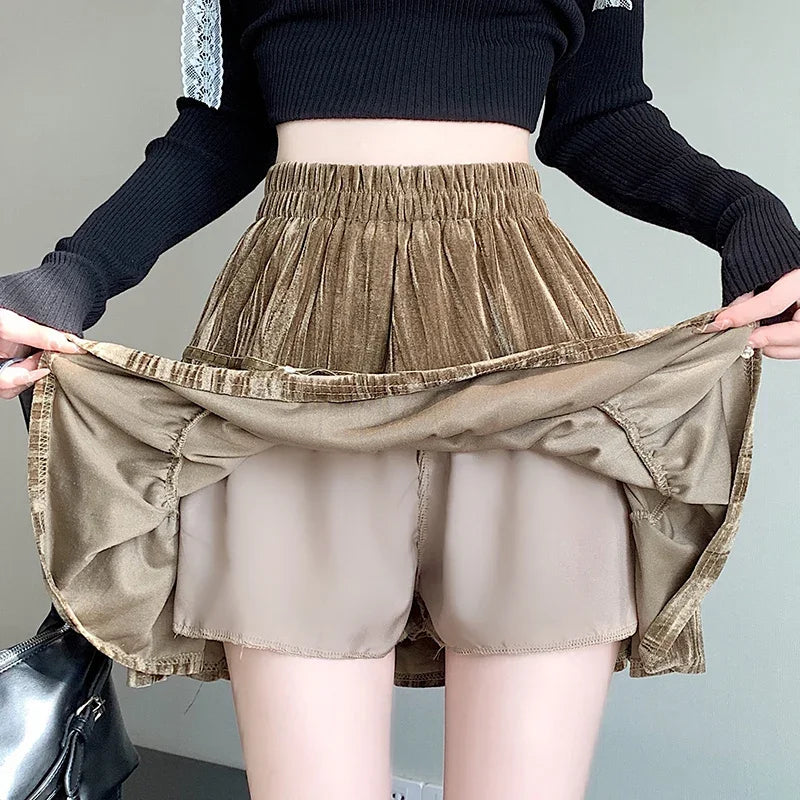 Hnewly Casual A Line Mini Kawaii Skirt Women Clothing High Waist Bow Black Faldas Largas Korean Style Harajuku Pleated Velvet Skirts