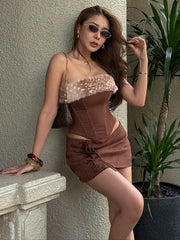 Hnewly  Cutenew Wild 2-Piece Set Women Coquette Leopard Furry Patchwork Irregular Hem vest+Shirring Peach Hip Skirt Sexy Party Suits