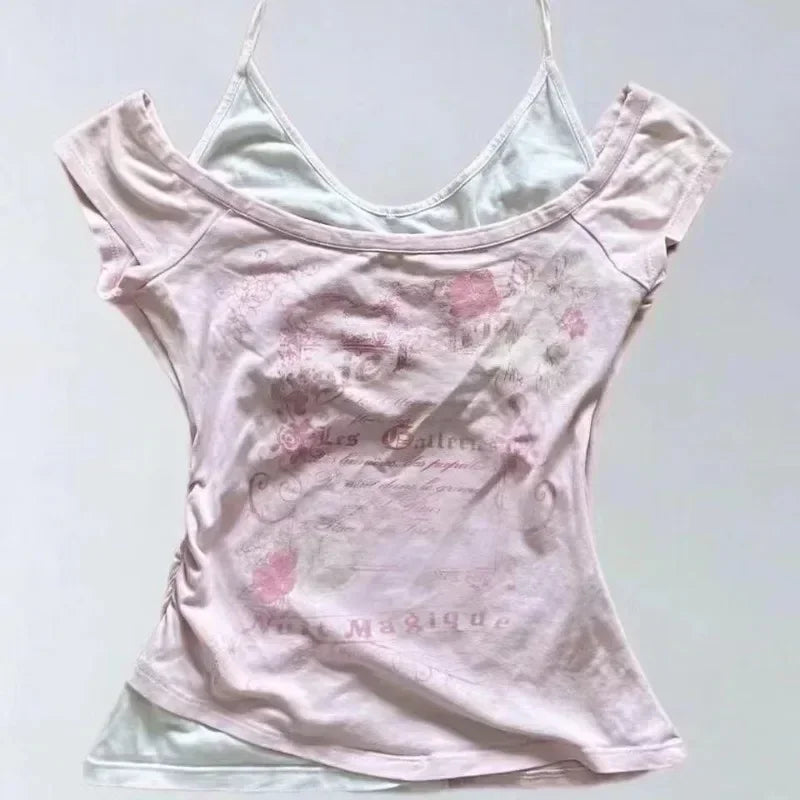 Hnewly Summer Fake Two Pieces Halter Bandage Vintage T-shirts Y2k Aesthetic Slim Crop Tops Women Grunge Print Harajuku Casual Sexy Tee