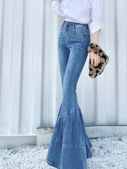 Hnewly  Women's Vintage High Waist Flare Jeans Spring Autumn Light Wash Denim Trousers Loose Splicing Wide Leg Pants
