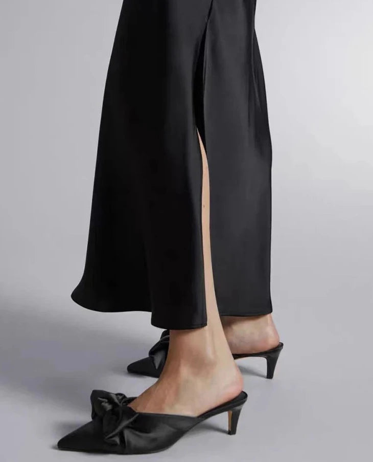 Hnewly Silk Satin Skirts for Women 2024 Summer Casual Style A-line Solid Color Elastic High Waist Side Slit Champagne Skirt