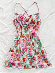 Lunivop  Womens Multicolor Watercolor Floral Spaghetti Strap Cross Back Mini Dress Summer Beach Vacation Casual Party Wear