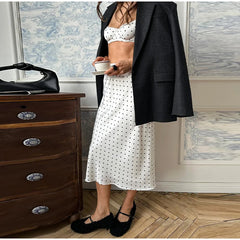 Hnewly  Swish Satin Polka Dot Camisole Top Skirt Set Women Strap Crop Tops Long Skirts Female Chic Holiday Summer Lady 2 Pieces Sets