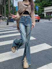 Hnewly  Slimming Vintage American Style Frayed Hem Flared Jeans Women High Waist Side Slit Floor Length Pants Autumn Casual Trousers