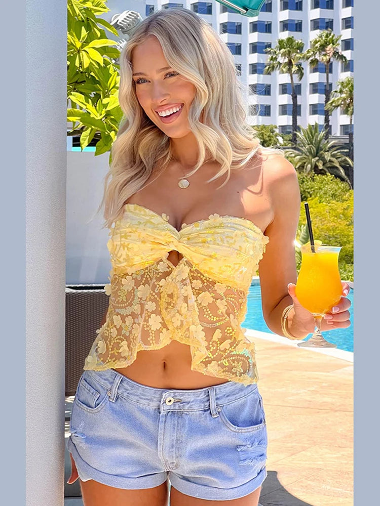 Hnewly Sequins Applique Corset Tops Women Y2K Patchwork Mesh Wrapped Kink Splits Sexy Summer Trend Midnight Party Chic Tops