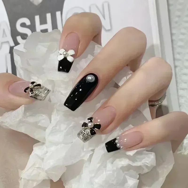 Hnewly 24Pcs False Nails French Gradient Ballet Fake Nails Press on Nails Black Heart Rhinestone Design Glitter Full Cover Nail Tips