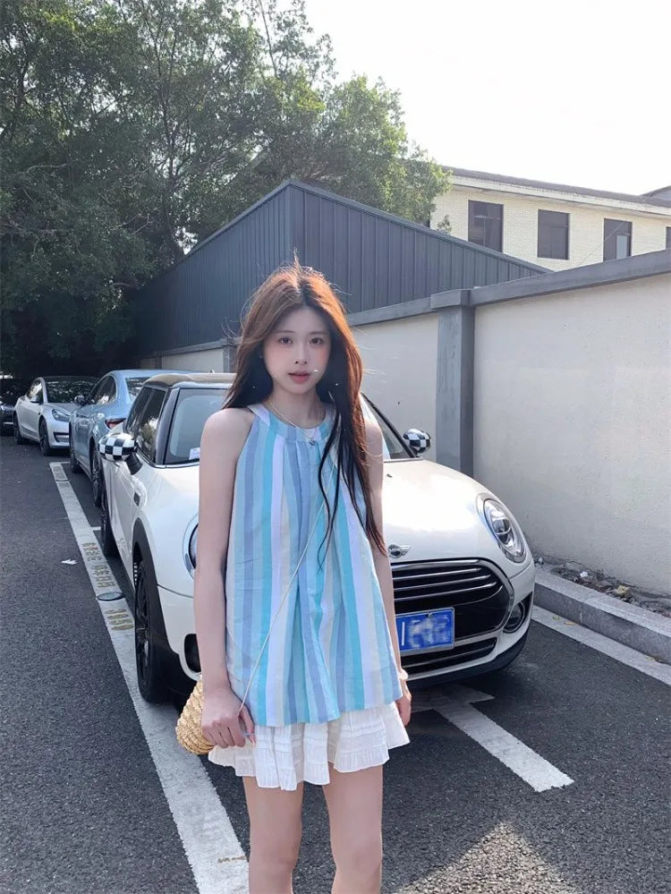 Hnewly  Woman Camis Striped Summer Fashion 2025 Sweet O Neck French Style Chic Loose Tank Tops Female Casual Sleeveless Top