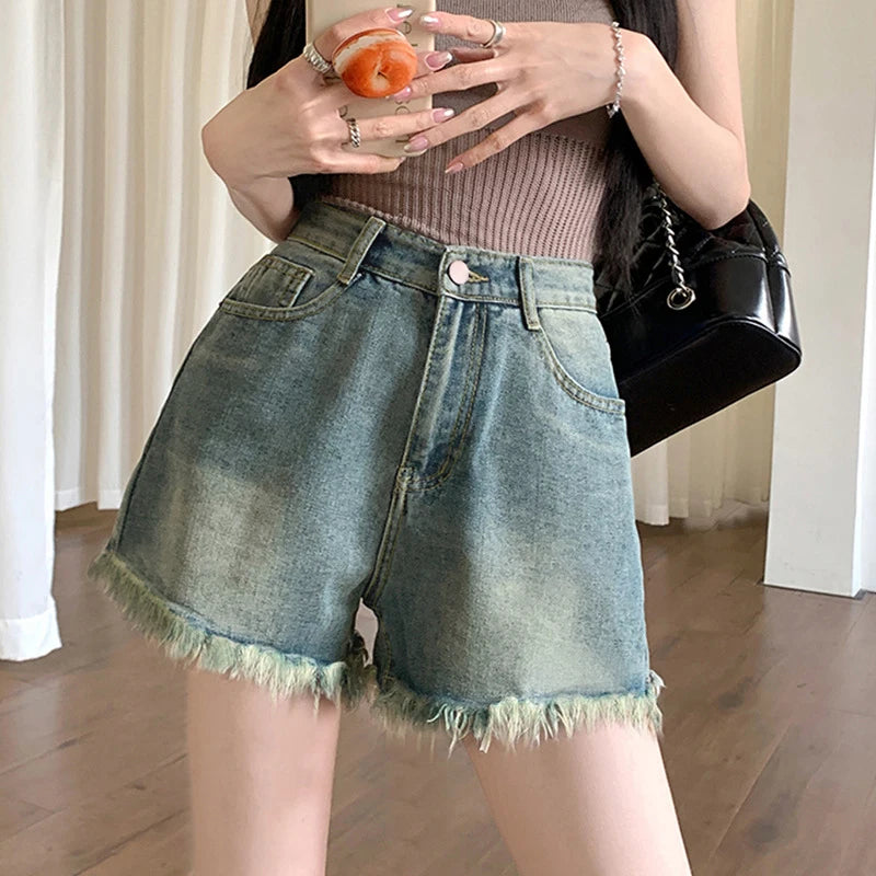Hnewly y2k Denim Shorts Women Summer High Waist Wide Leg Loose Fit Tassel Jean Shorts with Pockets 2000s Hot Pants Streetwear